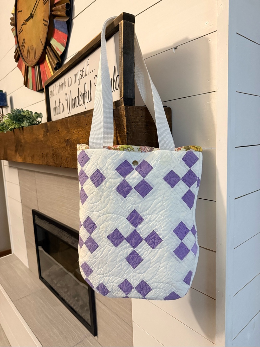 Lavendar PatchQuilted  Accent Tote Bag - White and Purple